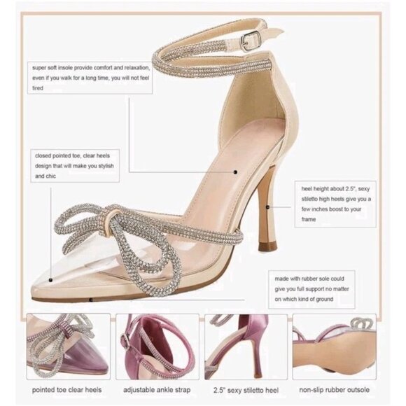 Coutgo Women's Clear Heels Closed Toe Pointed Rhinestone Heels Light Gold 8.5 - Picture 5 of 5